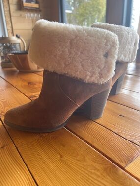 UGG Brown Suede Heeled Ankle Booties with Cozy Cuff